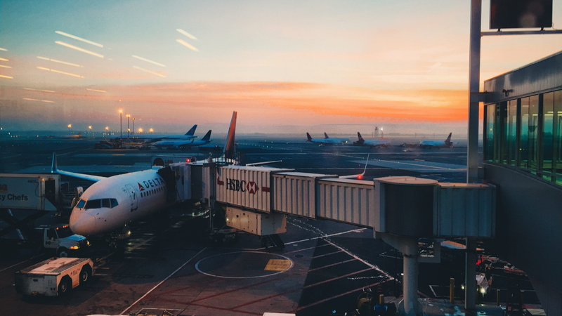 sky, sunrise, nyc, travel, jfk, nature, cloud - sky, air vehicle, public transportation, passenger boarding bridge, architecture, airport runway, airport