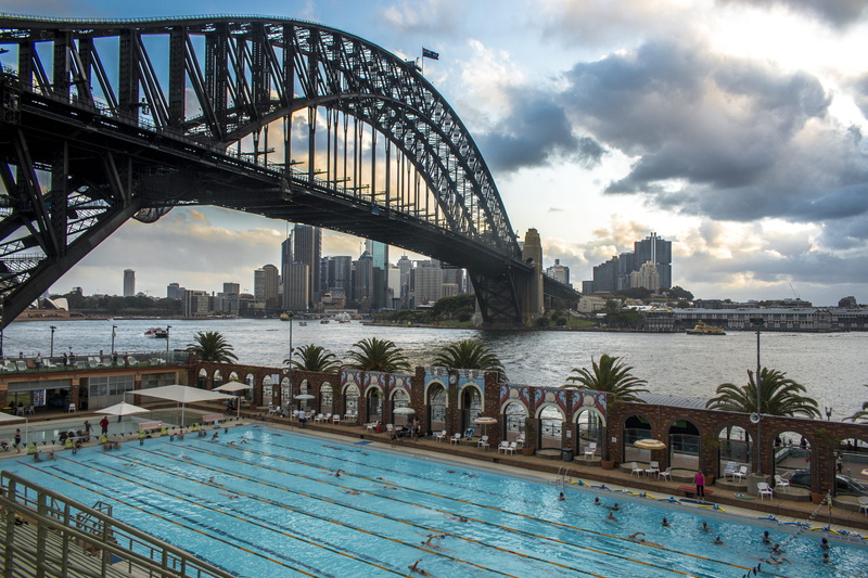water, travel destinations, arch bridge, built structure, north sydney olympic pool, australia, building exterior, connection, milsons point, nature, pool