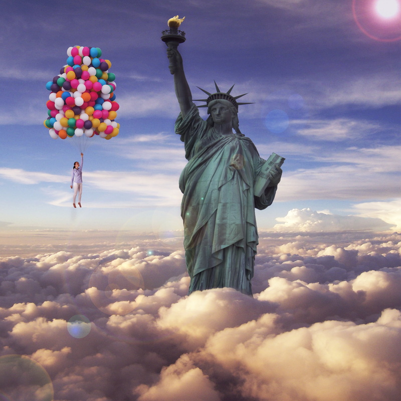 manipulation, floating, helium, creative, sky, adventure, female, edited, bluesky, flying, statue of Liberty, photo, experiment, woman, clouds, dom, Up and Away