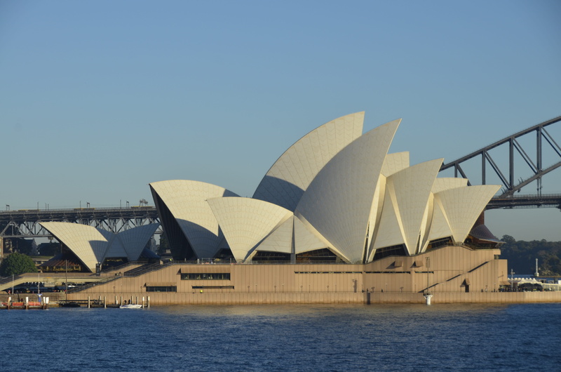 water, city, bridge, blue, clear sky, sky, outdoors, travel destinations, modern, operahouse, no people, arch bridge, architecture, 4K, waterfront, transportation