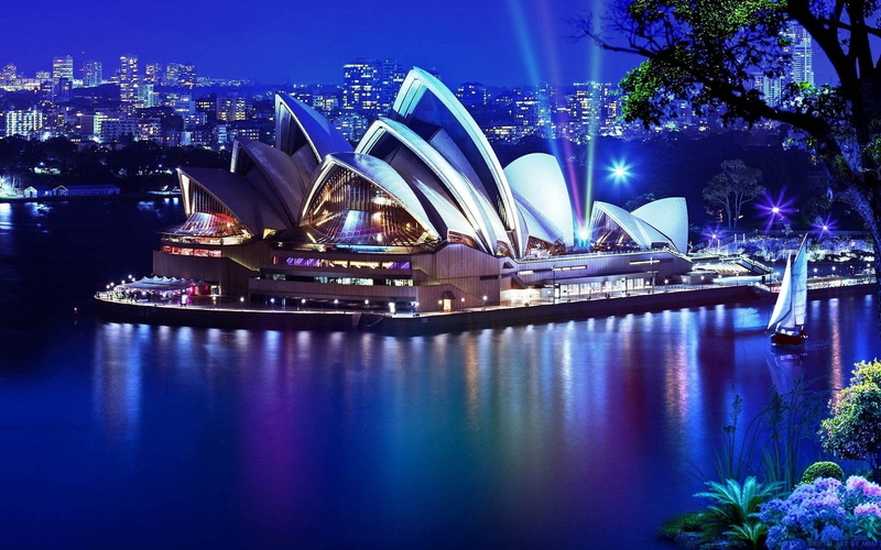 illuminated, australia, sydney Opera House, bridge - Man Made Structure, city, cityscape, singapore, opera House, dusk, building Exterior, sea, travel