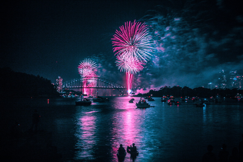 sydney harbor bridge, motion, long exposure, built structure, 5K, harbour, nature, outdoors, exploding, new year, blue, river, night, sky, pink, nye, firework
