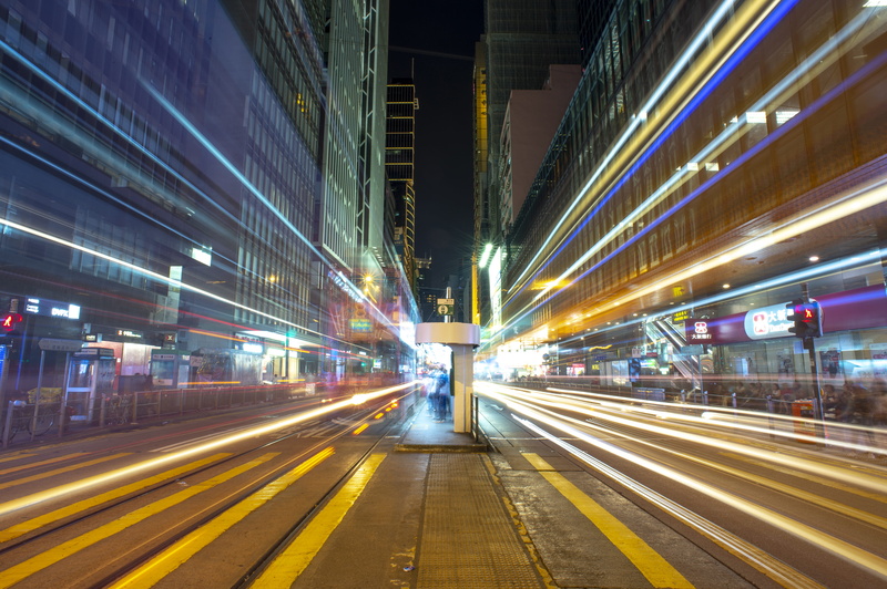 road, direction, motion, mode of transportation, blur, way, light trail, car, buliding, no people, hong kong, traffic, building exterior, city, city life