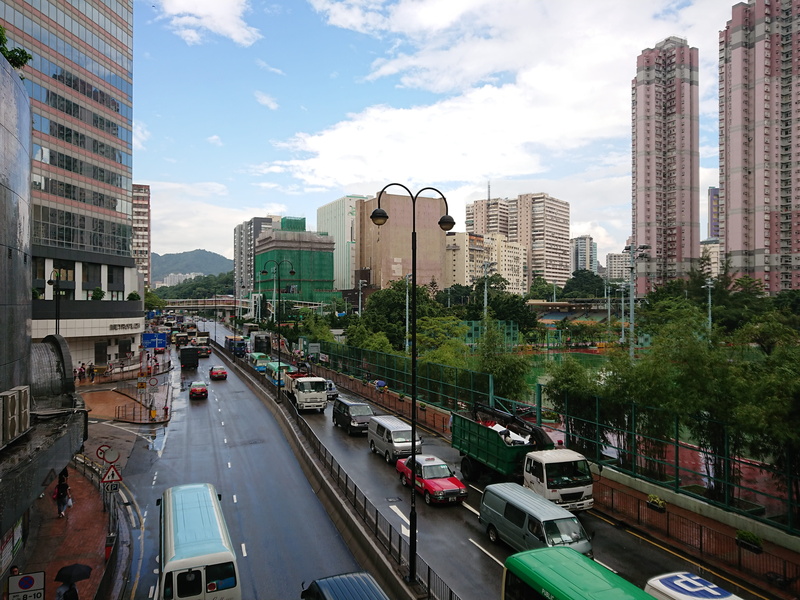motor vehicle, office building exterior, traffic, building exterior, trees, kwai fong, street, multiple lane highway, day, skyscraper, land vehicle, hong kong
