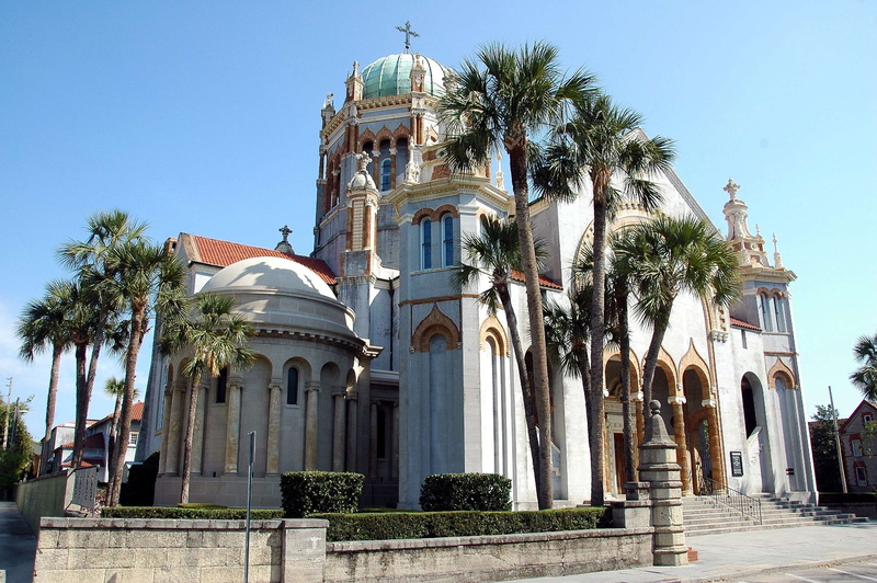 old, building exterior, st aug, city, cathedral, place of worship, glass, historic, monument, florida, plant, landmark, historical, built structure, christian
