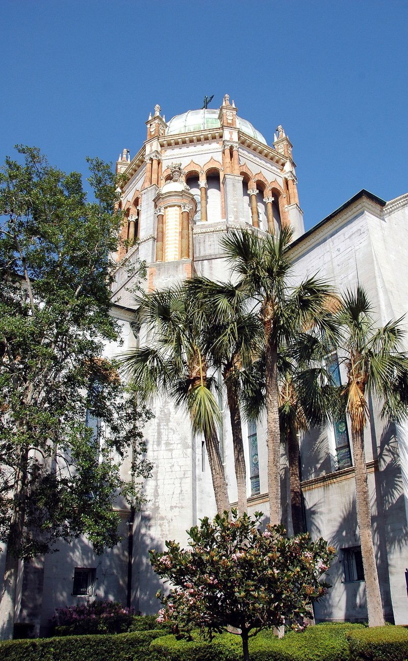 monument, old, place of worship, buliding, low angle view, church, day, st augustine, clear sky, glass, cathedral, nature, tree, 2K, florida, tower, building