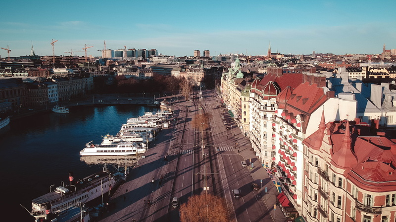 boats, cityscape, stockholm, outdoors, built structure, building exterior, city life, 4K, sweden, blue, transportation, high angle view, road, day, nature