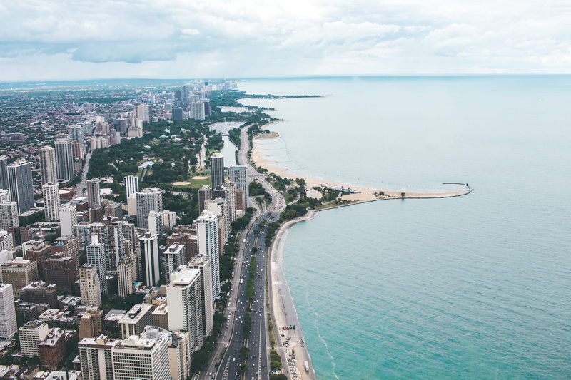 city, office building exterior, building exterior, no people, aerial, land, nature, horizon, lake michigan, united states, chicago, cityscape, bay, scenics - nature
