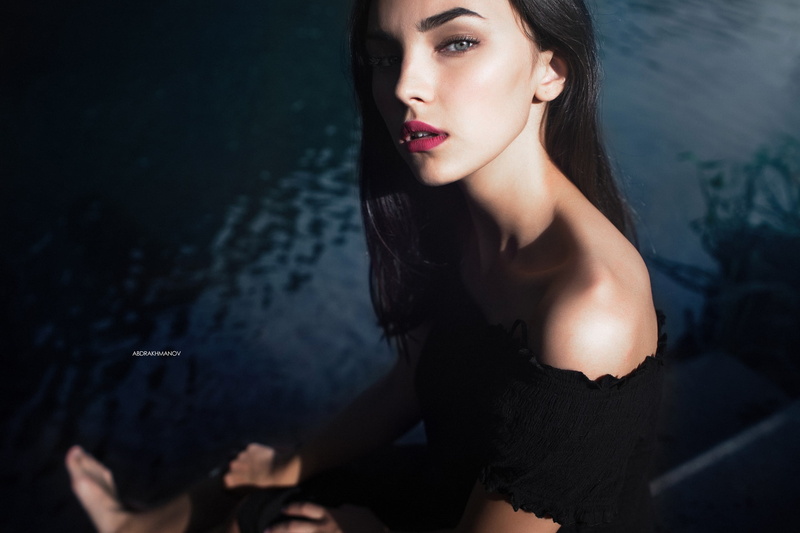 one person, Aisuly, 2K, portrait, model, looking at viewer, red lipstick, adult, bare shoulders, sitting, looking at camera, beautiful woman, make-up