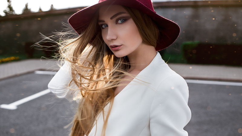 women with hats, 1080P, street, outdoors, young women, headshot, hairstyle, looking at viewer, model, one person, looking, beauty, beautiful people, hair