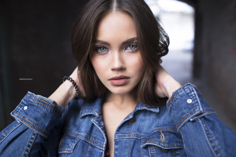 face, depth of field, model, portrait, 1080P, denim, jeans jacket, Lenar Abdrakhmanov, women