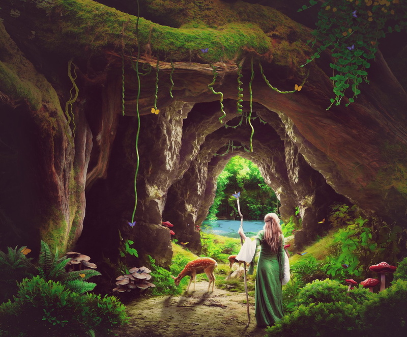 Deer, Forest, Fantasy, Girl, Cave, 1080P, Woman