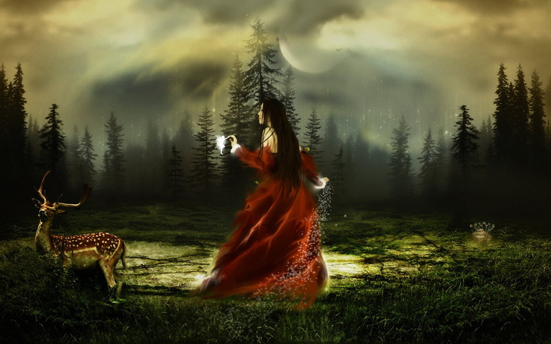 red, painting, 1080P, fantasy, woman, girl, next, deer