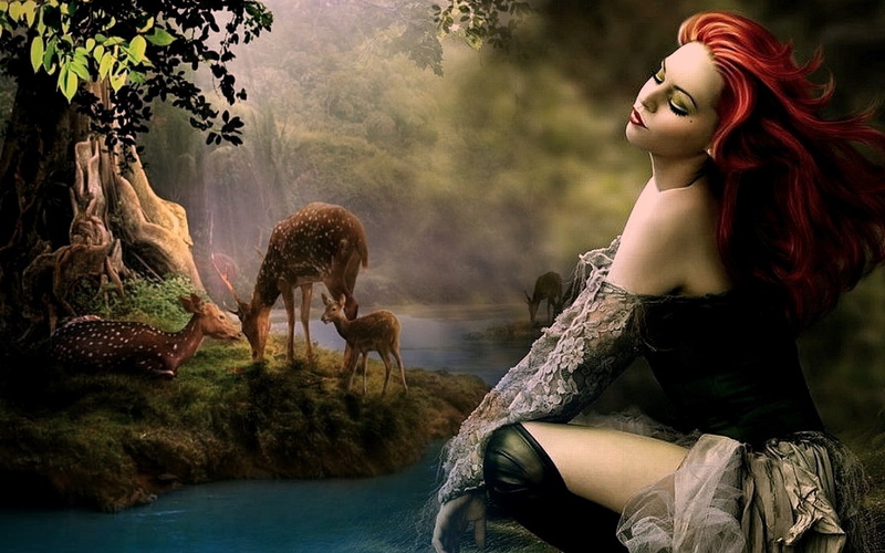 fantasy, hd, woman, 720P, forests, deer, silence, Dream, art, total, nature, forest