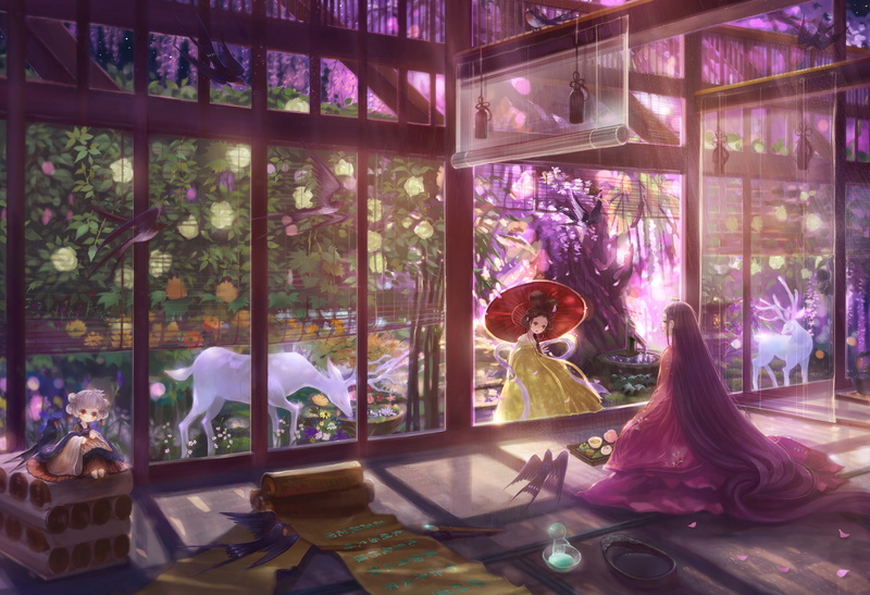 Bird, Purple Hair, Kimono, Original, Brown Hair, Animal, Anime, Woman, Japanese Clothes, Deer, 2K, Umbrella, Flower, Long Hair