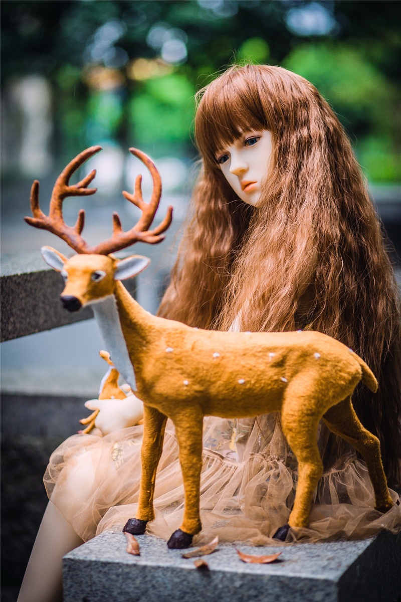 young adult, mammal, toy, women, deer, waist up, beautiful woman, young women, long hair, outdoors, focus on foreground, 1080P, hairstyle, lifestyles