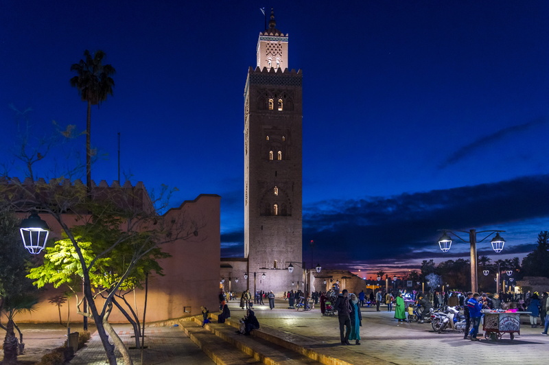 ben youssef mosque, group of people, muslim, built structure, tourism, plant, sky, travel destinations, colorful, tower, nature, night, morocco, marrakech