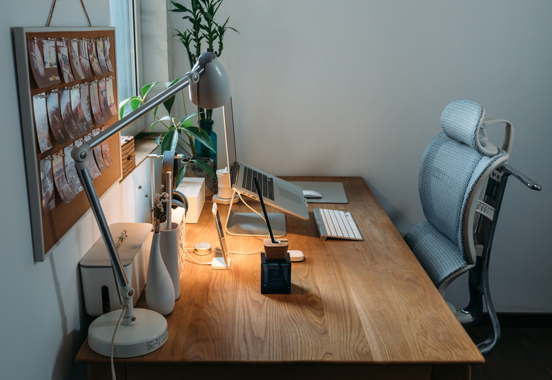 lamp, 5K, potted plant, seat, vase, table, computer, wood - material, houseplant, office chair, indoors, housing, business, top, dining table, flora, communication