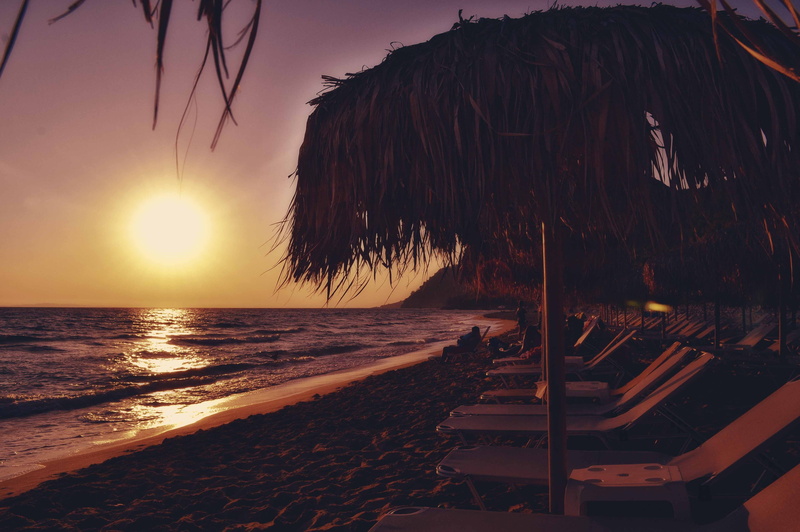 tree, europe, no people, sky, ionian, sunbeds and umbrellas, epirus, exotic, horizon over water, sivota, sunset beach seascape, beach, coast, syvota, tranquil scene