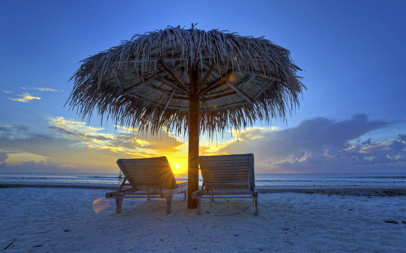 clouds, umbrella, 2K, evening sky, maldivies, Sunset, evening, sun lounger, sky, sunshade, Maldives, Sea