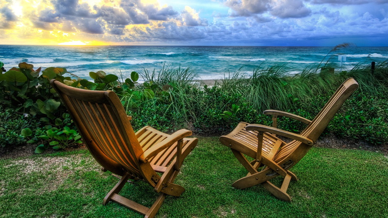 Sunset, water, beach, mood, coast, evening, sun lounger, Sea, Ocean, 1080P, Holiday