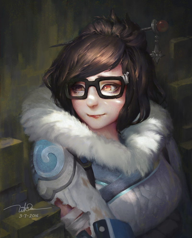 waist up, glasses, front view, warm clothing, headshot, one person, hairstyle, young women, 1080P, bangs, orange eyes, eyeglasses, Mei (Overwatch), Overwatch