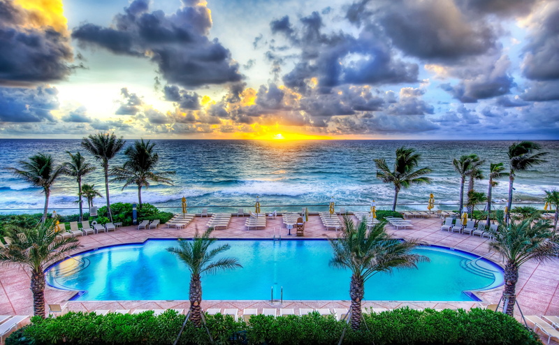 hdr, beauty in nature, sea, horizon, tropical climate, palm tree, swimming pool, America, party, Travel, pool party, palm, outdoors, Sunrise, trees, luxury