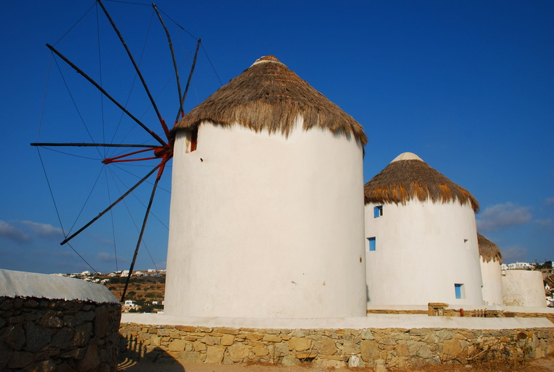 built structure, sea, scene, roof, cyclades, no people, sunlight, europe, turbine, building exterior, fuel and power generation, european, wind turbine