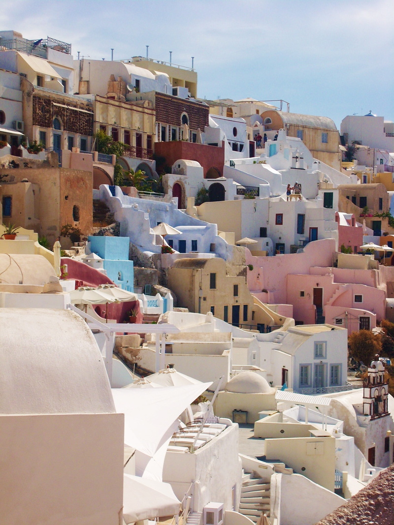 2K, residential district, built structure, island, cloud - sky, town, travel destinations, high angle view, pink, travel, sky, nature, townscape, mykonos