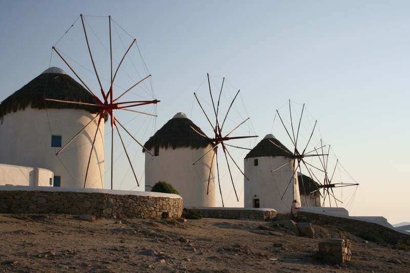 renewable energy, architecture, alternative energy, greece, island, mykonos, clear sky, land, outdoors, culture, landmark, no people, windmills, fuel and power generation