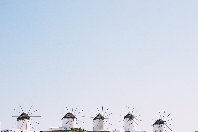 minimal, building, mills, mykono, blue, landscape, vacation, 5K, summer, island, windmill, white, traditional design, sky, architecture, cultures, mykonos