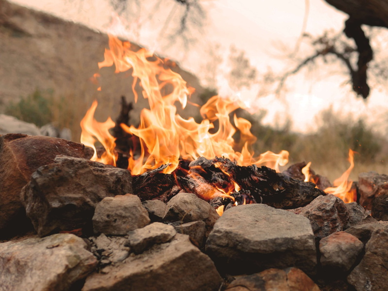 solid, wood - material, outdoors, tree, bonfire, firepit, burning, glowing, wood, flame, orange color, campfire, 4K, rock pit, heat - temperature, rock