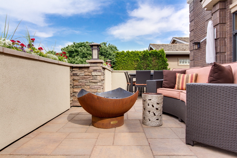 patio, outdoor patio, cloud - sky, seat, tree, interior design, tiled floor, roof, house, apartment, city, roof tile, building exterior, plant, firepit