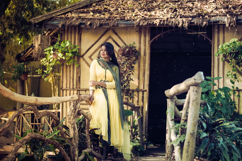 forest, building, person, representation, beautiful woman, full length, black hair, beautiful, building exterior, wood, model, house, pose, day, fashion