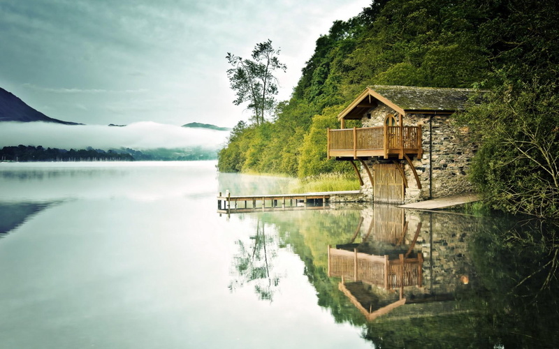 background, reflection, 1080P, lakes, nipa, storey, brown, hut, grey, hd