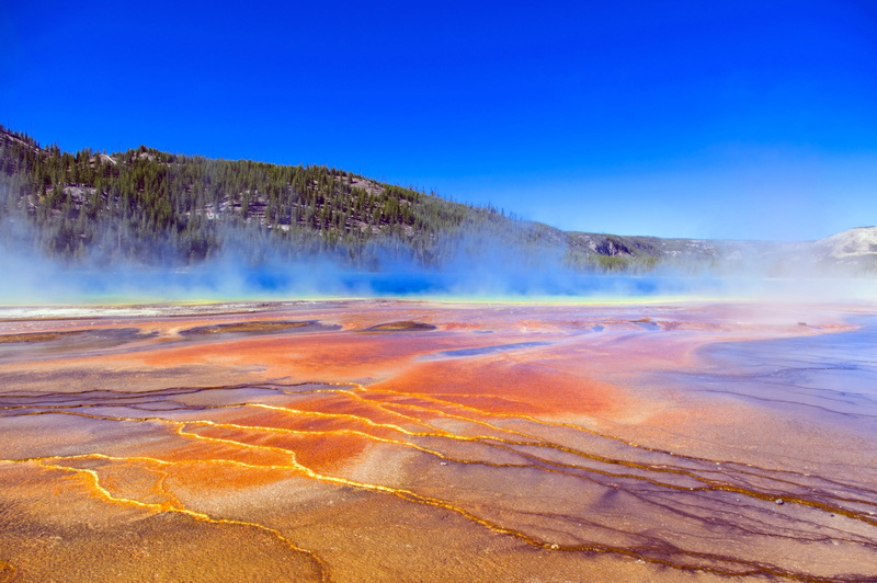 no people, minerals, tranquil scene, land, hot spring, yellowstone, sky, usa, outdoors, water, travel destinations, color, 2K, park, mist, tranquility