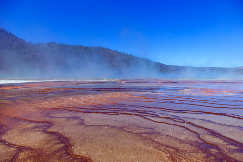2K, beauty in nature, scenics - nature, mountain, steam, travel destinations, power in nature, heat - temperature, land, day, springs, bacterial mats of grand prismatic