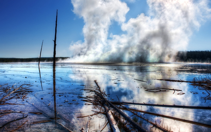 landscape, lake, scenics, sky, environment, geyser, uSA, cloud - Sky, cold - Temperature, spring, non-urban scene, steam, power in nature, water, hot, blue