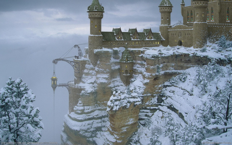 3d and abstract, snowy, mountain, castle, trees, 1080P