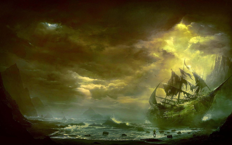 body, birds, sea, wreck, water, clouds, 3d and abstract, rough, galleon, ship, kentaro kanamoto, 1080P, castle, journey, illustration