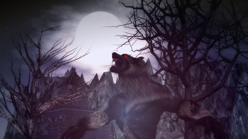 3d and abstract, werewolf, moon, 1080P, night, trees, baying, castle