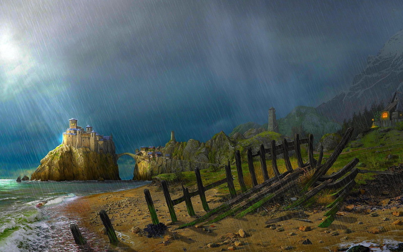 house, castle, rain, pour, sunshine, lights, 1080P, bridge, beach, 3d and abstract, boat wreck