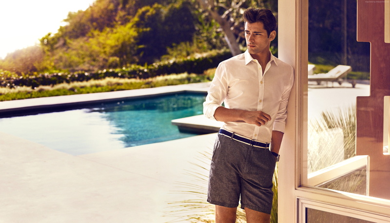 day, outdoors, holding, front view, adult, poolside, shorts, standing, swimming pool, males, Top Fashion Male Models, water, three quarter length, lifestyles