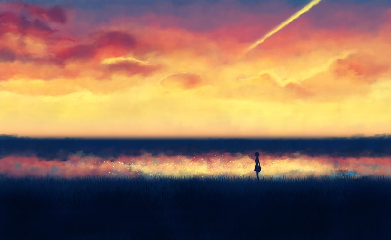 field, cloud - sky, clouds, sunset, tranquil scene, nature, horizon, scenic, anime girl, sky, environment, scenics - nature, 5K, beauty in nature, landscape