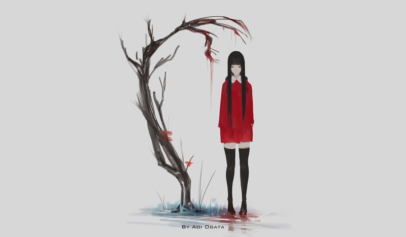 hairstyle, women, 1080P, copy space, standing, indoors, plant, nature, studio shot, long black hair, anime girl, paint, front view, creativity, full length