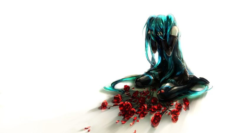 vocaloid, long, 1080P, hair, petals, girls, miku, sleeves, flowers, lonely, detached, anime, flower, roses, hatsune
