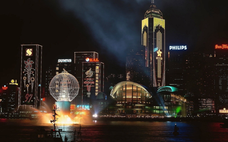 cityscape, no people, illuminated, Hong Kong, office building exterior, night, building exterior, lights, tourism, fountain, outdoors, logo, architecture