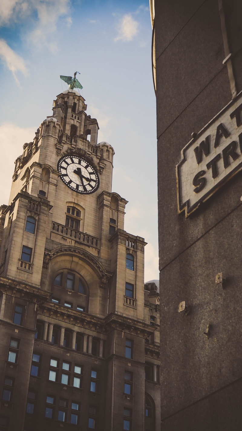 travel destinations, city, united kingdom, low angle view, england, street, sky, 2K, clock face, minute hand, built structure, place of worship, liverpool