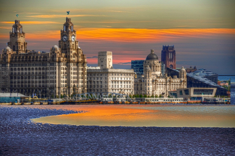building exterior, outdoors, england, history, architecture, the past, nature, tourism, tower, cloud - sky, sunset, spire, liverpool, no people, orange color
