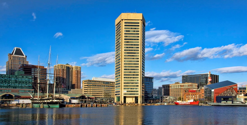 buildings, sky, travel, downtown, near, bmore, tower, 1080P, office building exterior, city life, modern, no people, inner harbor, water, urban skyline